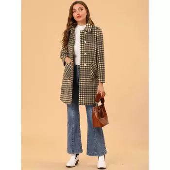 Женское повседневное шерстяное пальто средней длины в клетку с отложным воротником ALLEGRA K