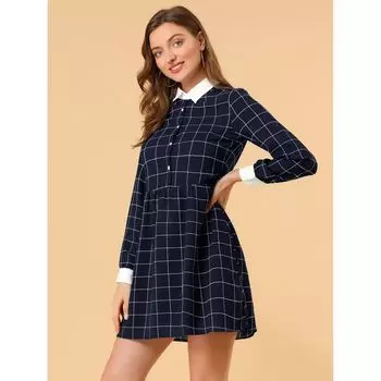 Женское повседневное свободное платье в клетку с длинными рукавами контрастного цвета и воротником прямого кроя ALLEGRA K