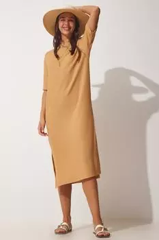 Женское повседневное трикотажное платье миди с бисквитной текстурой Happiness stanbul, бежевый