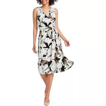 Женское принтованное платье миди с V-образным вырезом Kasper, цвет black/sea glass multi