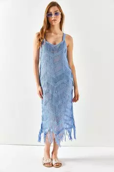 Женское прозрачное трикотажное пляжное платье голубого цвета на бретелях Olalook, синий