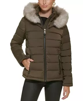 Женское пуховое пальто с капюшоном и отделкой из искусственного меха DKNY