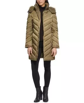 Женское пуховое пальто с капюшоном и отделкой из искусственного меха Kenneth Cole