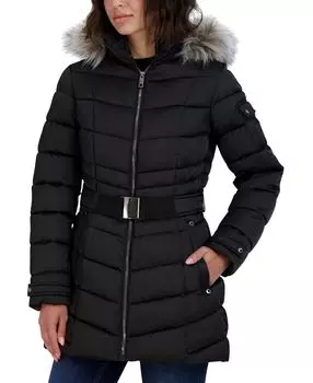 Женское пуховое пальто с капюшоном и отделкой из искусственного меха с поясом Nautica, черный