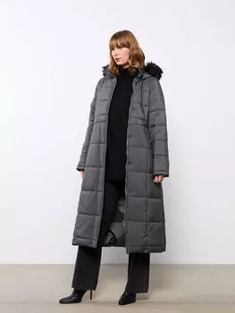 Женское пуховое пальто с капюшоном с меховой деталью, однотонное, с длинным рукавом LCWAIKIKI Classic