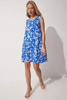 Женское ярко-синее и белое мини-платье из льна и вискозы с рисунком Happiness stanbul, синий