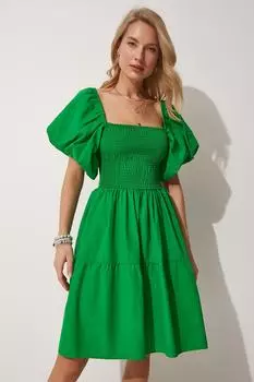 Женское ярко-зеленое платье миди с объемными рукавами Happiness stanbul, зеленый