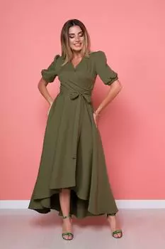 Женское расклешенное платье цвета хаки из гибкой ткани атлас с поясом асимметричного кроя длины миди, двубортный воротник, lovebox