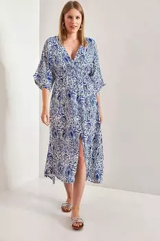 Женское расклешенное платье с двубортным воротником и разноцветным узором SHADE, синий