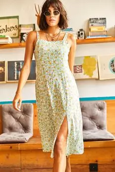 Женское расклешенное тканое платье мятно-белого цвета с боковыми разрезами на молнии и бретелями Olalook, зеленый