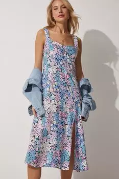 Женское розово-синее летнее вискозное платье с квадратным воротником и цветочным принтом Happiness stanbul, разноцветный