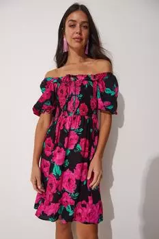 Женское розовое черное летнее вискозное платье с цветочным принтом и воротником-карменом Happiness stanbul, розовый