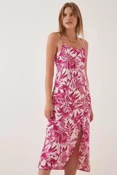 Женское розовое льняное платье с разрезом спереди и цветочным принтом Happiness stanbul, розовый