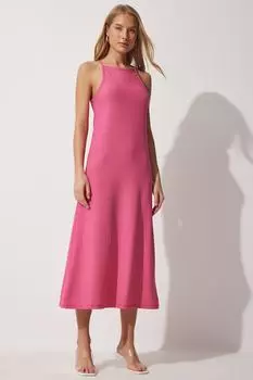 Женское розовое летнее длинное вязаное платье на бретелях Happiness stanbul, розовый