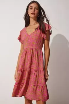 Женское розовое летнее расклешенное платье с v-образным вырезом и цветочным принтом Happiness stanbul, розовый
