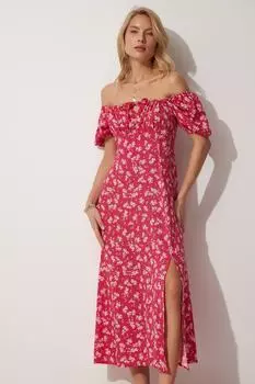 Женское розовое летнее вискозное платье с воротником «кармен» и цветочным принтом Happiness stanbul, розовый