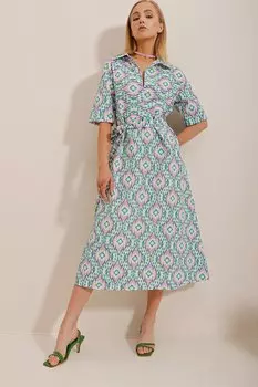 Женское розовое платье-рубашка из поплина с рисунком Saks Trend Alaat Stili, темно-синий