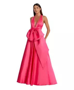 Женское сатиновое платье с глубоким V-вырезом без рукавов и объемным бантом Mac Duggal, розовый
