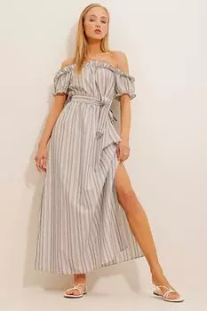 Женское серое льняное платье в полоску с воротником Мадонны и поясом Trend Alaat Stili, серый