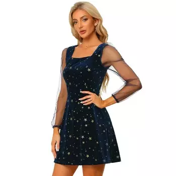 Женское сетчатое прозрачное бархатное платье для выпускного со звездами и квадратным вырезом с длинными рукавами ALLEGRA K, цвет Deep Blue