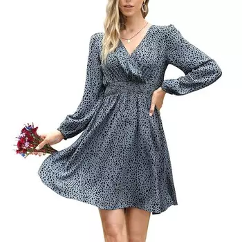 Женское шифоновое мини-платье с пышными рукавами и запахом и присборенной талией, леопардовым принтом Kojooin, розовый