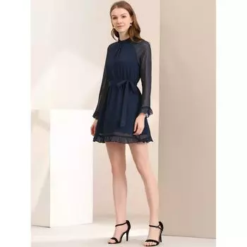 Женское шифоновое мини-платье с рукавами-колокольчиками и эластичной резинкой на талии ALLEGRA K, темно-синий