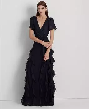 Женское шифоновое платье цвета металлик с оборками Lauren Ralph Lauren