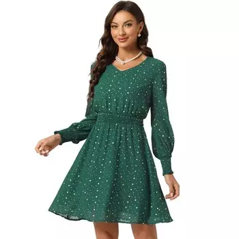 Женское шифоновое платье с блестящими звездами и длинными рукавами с присборенной талией ALLEGRA K, цвет Dark Green