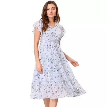 Женское шифоновое платье с цветочным принтом и эластичной резинкой на талии, V-образным вырезом и оборками по подолу ALLEGRA K, цвет Blue Gray