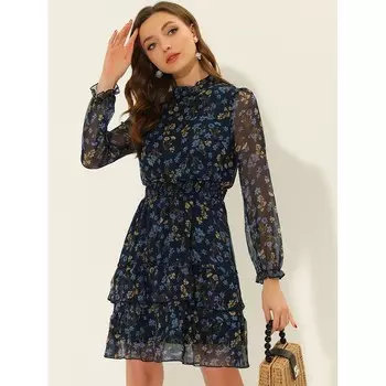 Женское шифоновое платье с цветочным воротником-стойкой, многоуровневым рюшом и подолом с длинными рукавами ALLEGRA K, белый