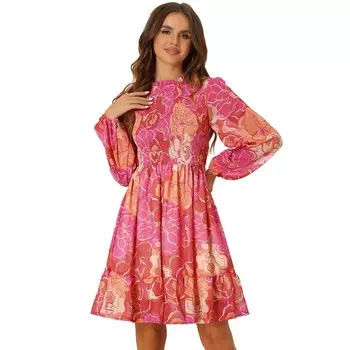 Женское шифоновое платье с длинными рукавами и рюшами и цветочным принтом ALLEGRA K, цвет Rose Pink