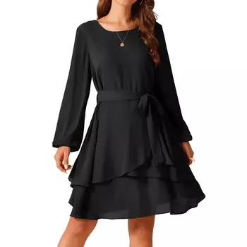 Женское шифоновое платье с круглым вырезом, длинным рукавом и высокой талией, завязками, рюшами, расклешенное платье с поясом Seta T, черный