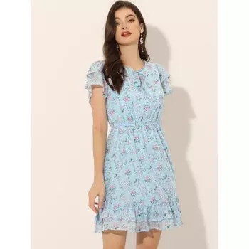 Женское шифоновое платье с рюшами и завязками на рукавах с рюшами и V-образным вырезом выше колена ALLEGRA K, темно-синий