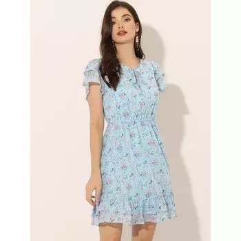 Женское шифоновое платье с рюшами и завязками на рукавах с рюшами и V-образным вырезом выше колена ALLEGRA K, светло-синий