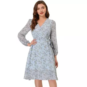 Женское шифоновое повседневное платье миди с цветочным принтом и V-образным вырезом, завязкой на талии и епископскими рукавами ALLEGRA K, цвет Light Blue