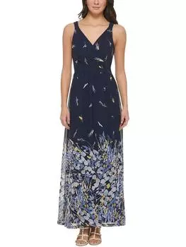 Женское шифоновое принтованное макси-платье DKNY, темно-синий/слоновая кость