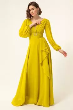 Женское шифоновое вечернее платье фисташкового зеленого цвета с поясом и камнями Lafaba, зеленый