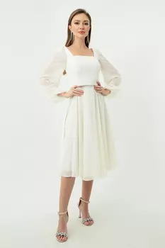 Женское шифоновое вечернее платье миди цвета экрю с квадратным воротником и поясом Lafaba