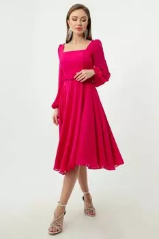 Женское шифоновое вечернее платье миди с квадратным воротником цвета фуксии и поясом Lafaba, розовый