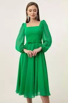 Женское шифоновое вечернее платье миди зеленого цвета с квадратным вырезом и поясом Lafaba, зеленый