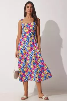 Женское сине-розовое летнее вискозное платье с рюшами и цветочным принтом Happiness stanbul, разноцветный