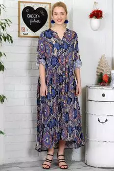 Женское синее длинное платье оверсайз с круглым воротником и пуговицами с узором пейсли Chiccy, синий