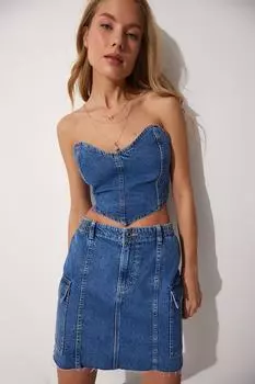 Женское синее джинсовое бюстье с воротником-сердечком Happiness stanbul, синий