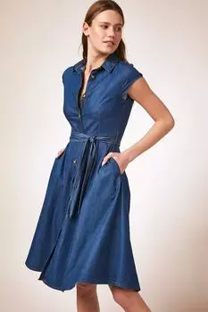 Женское синее джинсовое платье с короткими рукавами и поясом Happiness stanbul, темно-синий