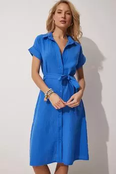 Женское синее льняное платье-рубашка с поясом Happiness stanbul, синий