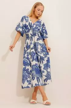 Женское синее льняное платье с двубортным воротником и рисунком Trend Alaat Stili, синий