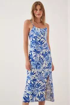 Женское синее льняное платье с разрезом спереди и цветочным принтом Happiness stanbul, синий