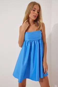 Женское синее мини-платье из хлопкового атласа на бретелях Happiness stanbul, синий