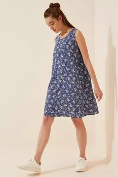 Женское синее мини-платье из льна и вискозы с рисунком Happiness stanbul, синий