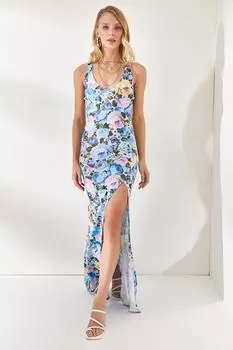 Женское синее платье макси с крестом на спине и глубоким разрезом Olalook, разноцветный